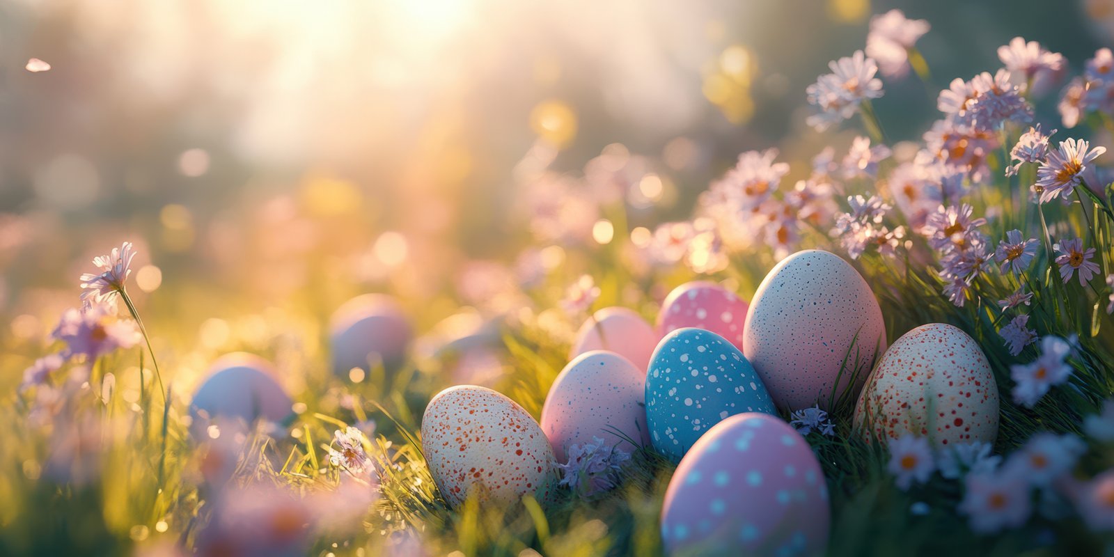 Colorful decorated eggs hidden among wildflowers during a sunny spring day